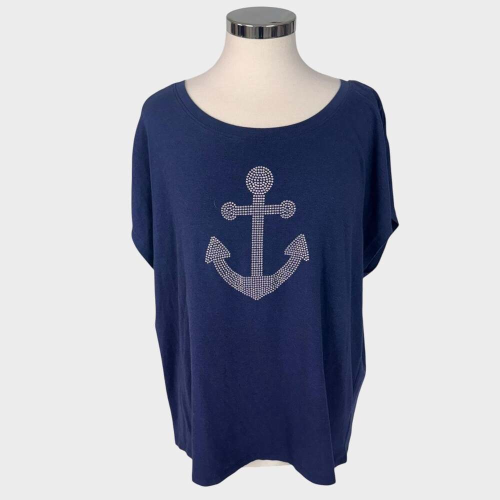 New York Laundry 1X Navy Blue Short Sleeve Rhineston Anchor Top